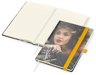 Notizbuch Match-Book Creme Bestseller, A5, Cover-Star, gloss-individuell, gelb