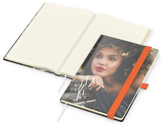 Notizbuch Match-Book Creme Bestseller, A5, Cover-Star, gloss-individuell, orange