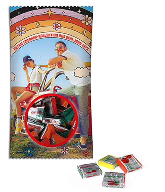 Fruchtkaramellen im Werbetütchen 100 g  Papier/PE-Verbundsfolie weiß