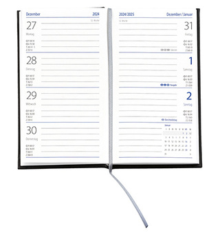 Taschenkalender "Klassik" im Format 8,7 x 15,3 cm, deutsches Kalendarium Grau/Blau mit Leseband, 128 Seiten Fadenheftung, Einband Magic rot