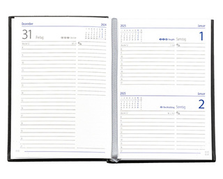 Taschenkalender "Taschenbuch Tag" im Format 10,5 x 14,8 cm, deutsches Kalendarium Grau/Blau mit Leseband, 352 Seiten Fadenheftung, Eckenperforation, Einband Fashion dunkelblau