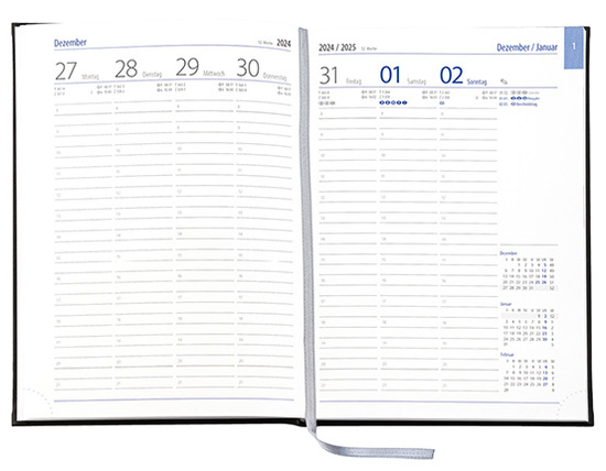 Wochenkalender "Business D" im Format 17,2 x 24 cm, deutsches Kalendarium Grau/Blau mit Leseband, 144 Seiten Fadenheftung, Eckenperforation, Einband Slinky mittelblau