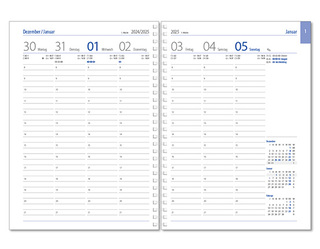 Wochenkalender "Business D Wire" im Format 17,2 x 24 cm, deutsches Kalendarium Grau/Blau, 144 Seiten, Wire-O-Bindung, mit Eckenperforation, Deckelpaar Fashion dunkelblau