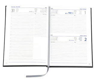 Buchkalender "Trend Chefkalender INT" im Format 14,5 x 20,5 cm, Kalendarium 4-sprachig D/F/I/GB Grau/Blau mit Leseband, 352 Seiten Fadenheftung, Eckenperforation, Einband Balacron burgund