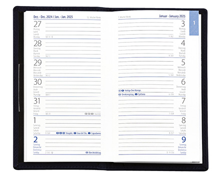 Taschenplaner "Exquisit" im Format 9,5 x 16 cm, Kalendarium 4-sprachig D/F/I/GB Grau/Blau, 64 Seiten gebunden + 16 Seiten ABC-Heft, eingesteckt in PVC-Hülle schwarz