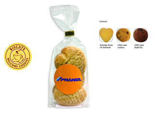 Cookies Bodenstandbeutel mit Werbeaufkleber,   5 Stück Butterkeks Herzen